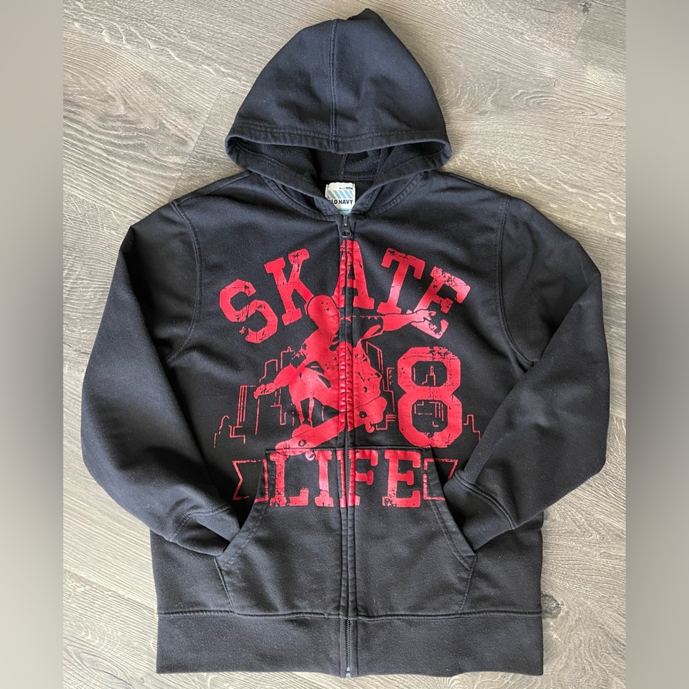 Old Navy Black Full Zip Jacket Boys 8 (Medium) Skate Graphic